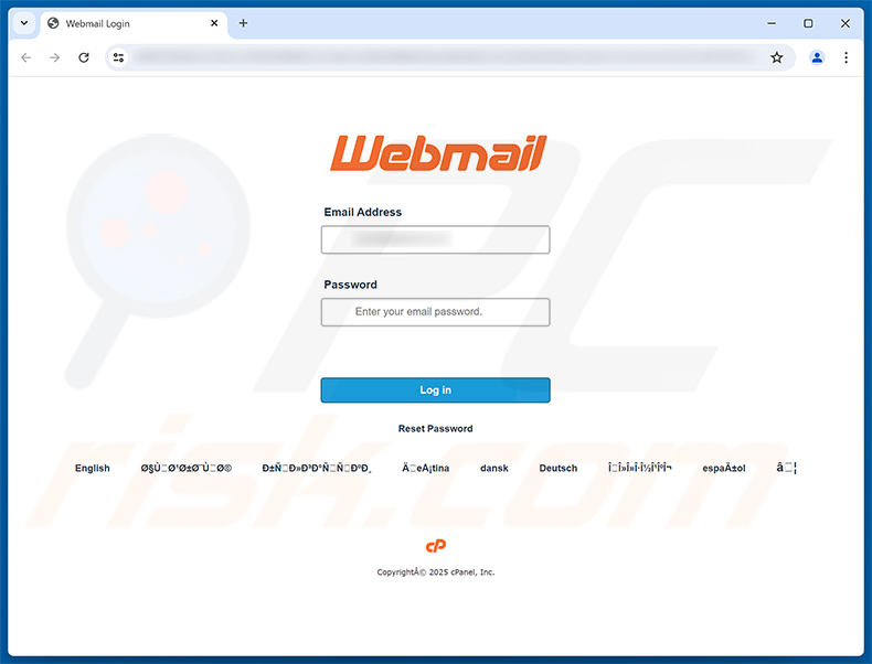 Página de phishing do golpe Mail Server Administration