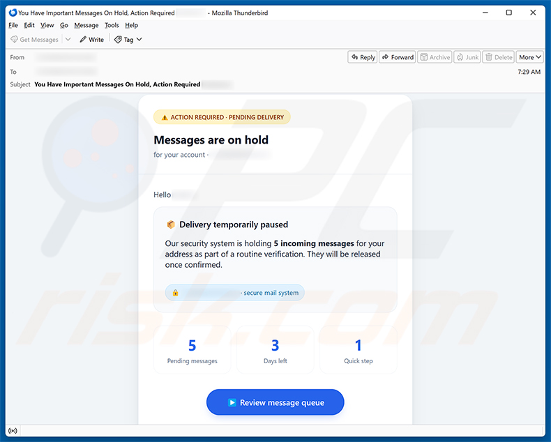 Campanha de spam por e-mail Messages Are On Hold