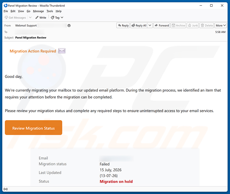 Campanha de spam por e-mail Migration Action Required
