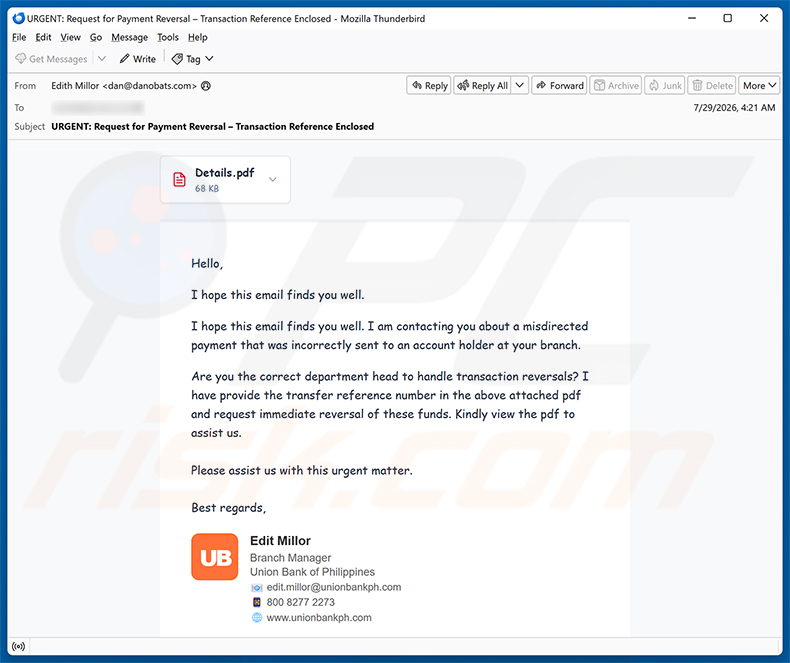Campanha de spam por e-mail Misdirected Payment Email Scam