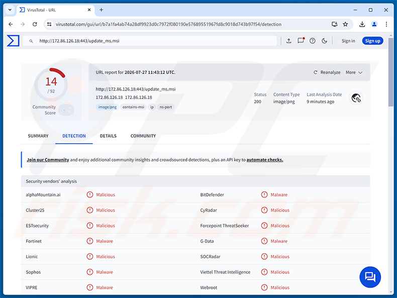 Deteções de msaRAT RAT no VirusTotal