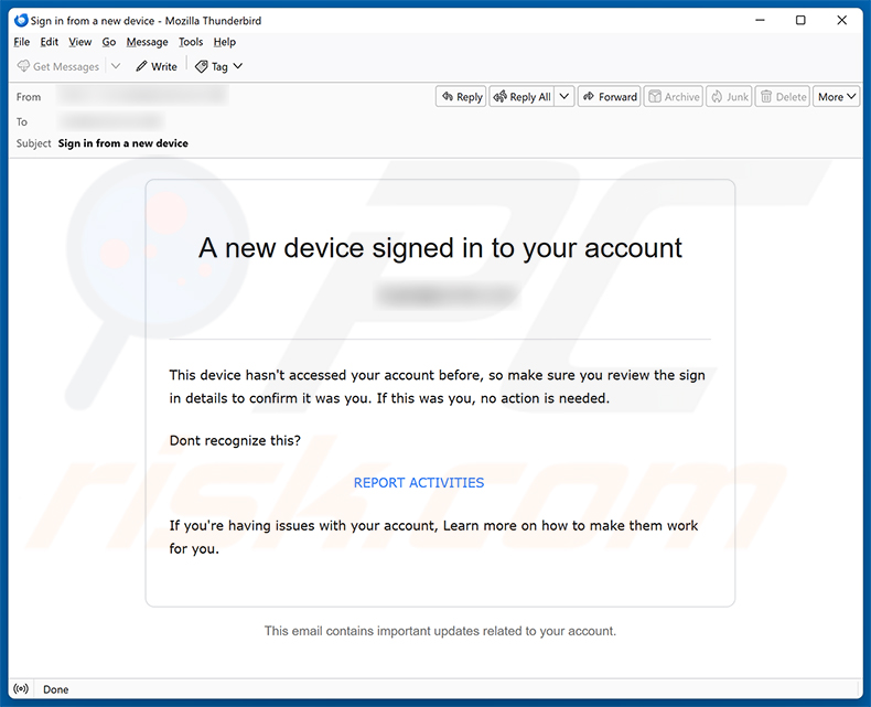 Campanha de spam por e-mail New Device Signed In To Your Account golpe de e-mail