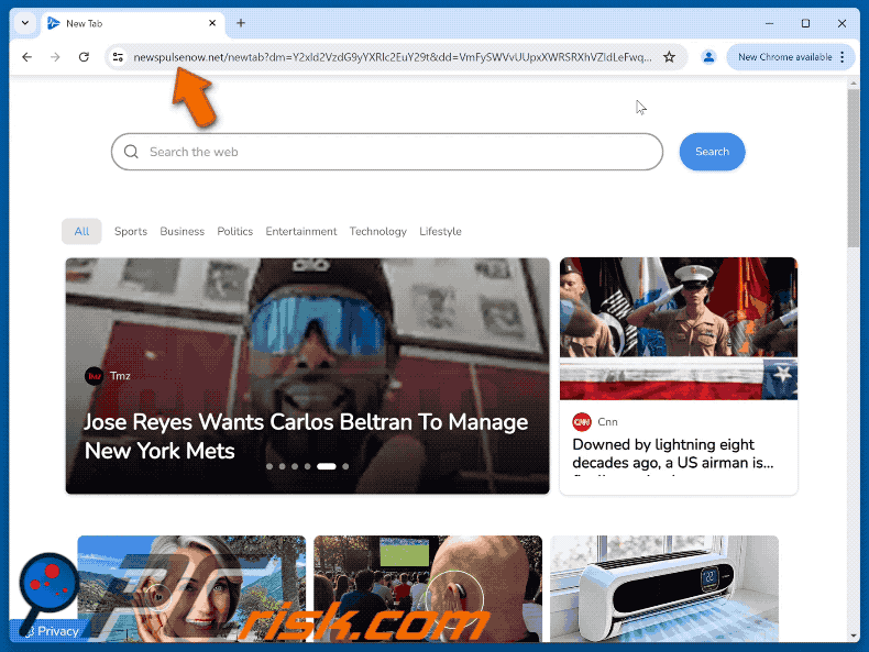 sequestrador de navegador newspulsenow.net a redirecionar para o Yahoo (GIF)