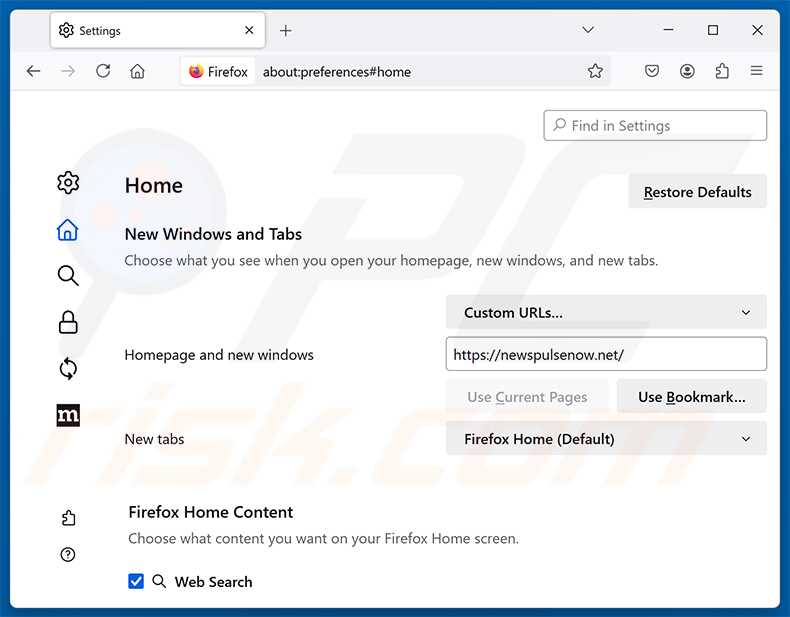A remover newspulsenow.net da página inicial do Mozilla Firefox