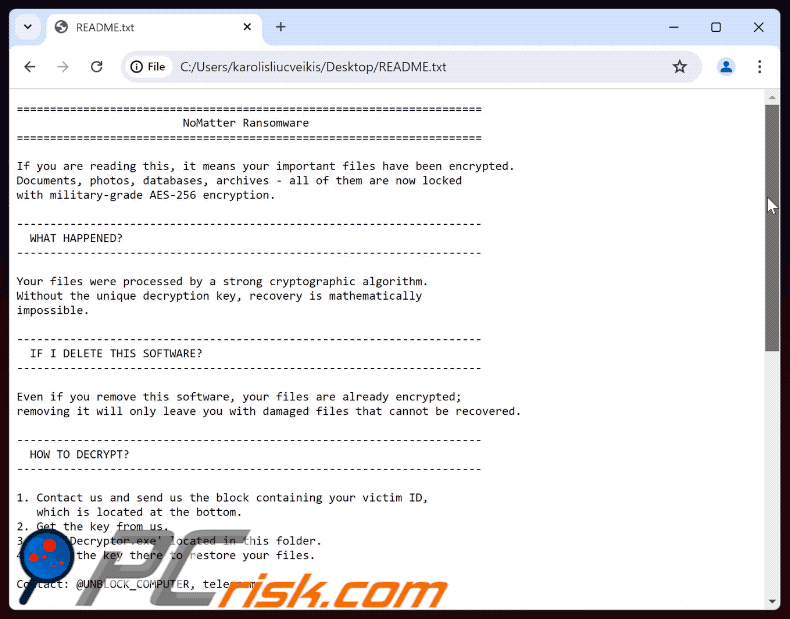 Nota de resgate do ransomware NoMatter (README.txt)