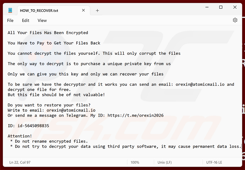 Nota de resgate do ransomware Orexin (HOW_TO_RECOVER.txt)