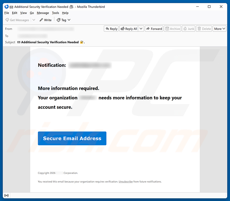 Campanha de spam por e-mail Organization Needs Information To Keep Account Secure