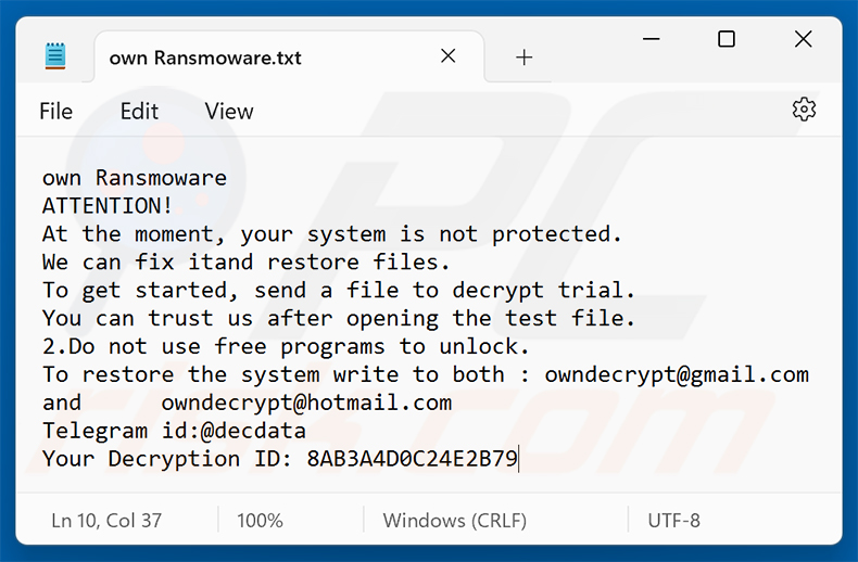 Nota de resgate do ransomware Own Ransomware (own Ransomware.txt)