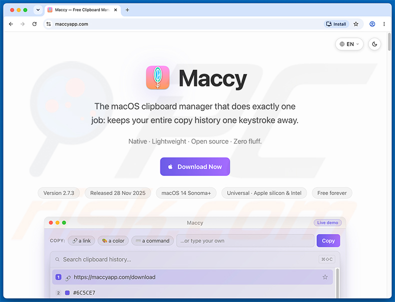 Website falso maccyapp.com a distribuir o malware PamStealer