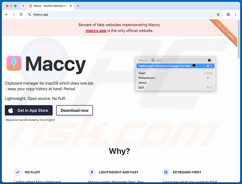 Website oficial do Maccy a avisar sobre websites falsos