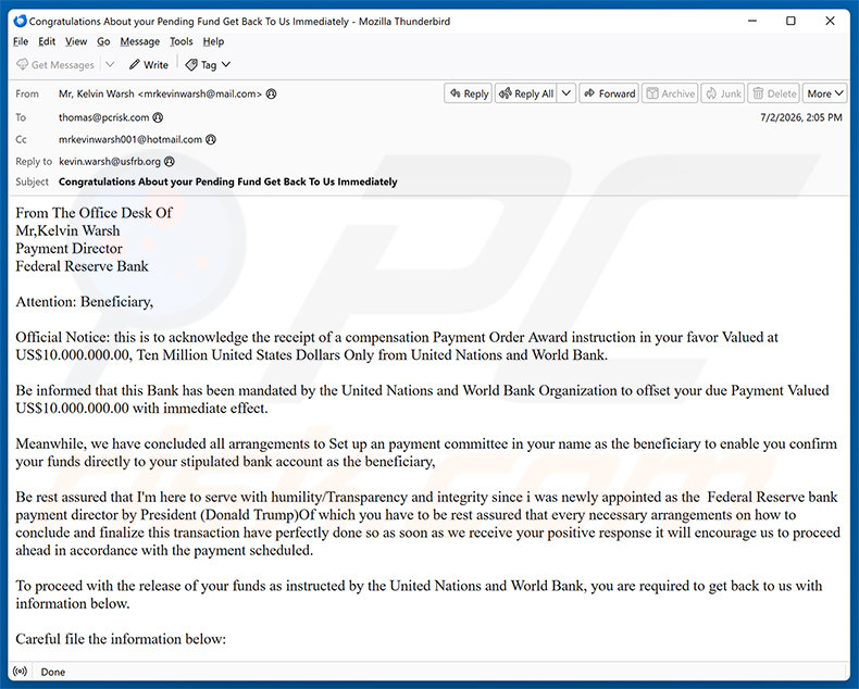 Campanha de spam por e-mail Payment Order Award