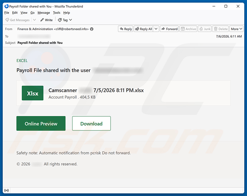 Campanha de spam por e-mail Payroll File Shared
