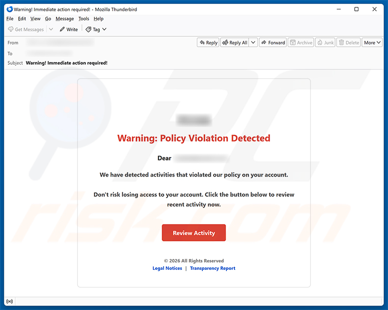 Campanha de spam por e-mail Policy Violation Detected