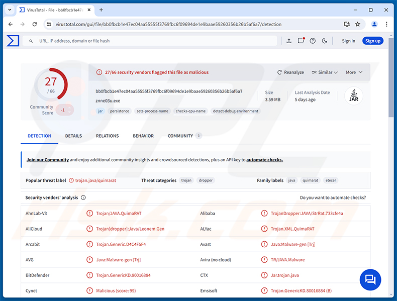 Deteções de malware QuimaRAT no VirusTotal