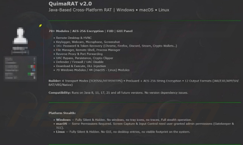 Anúncio promocional do QuimaRAT v2.0