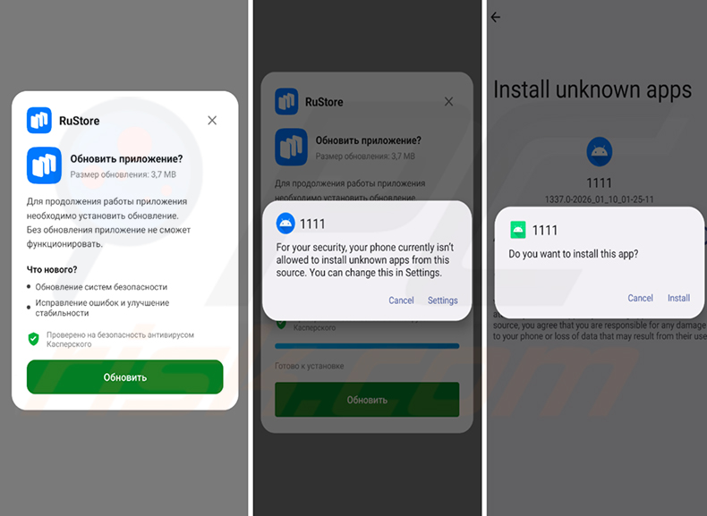 Spyware RedWing distribuído através de uma atualização falsa do RuStore e acionando a solicitação Android 'Instalar aplicações desconhecidas'