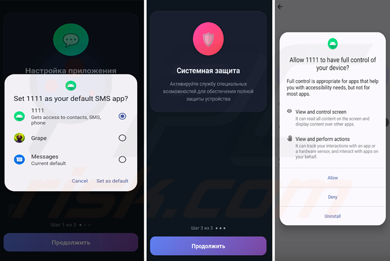 Assistente de configuração de permissões do spyware RedWing a solicitar acesso à aplicação de SMS predefinida, Serviços de Acessibilidade e privilégios de administrador do dispositivo