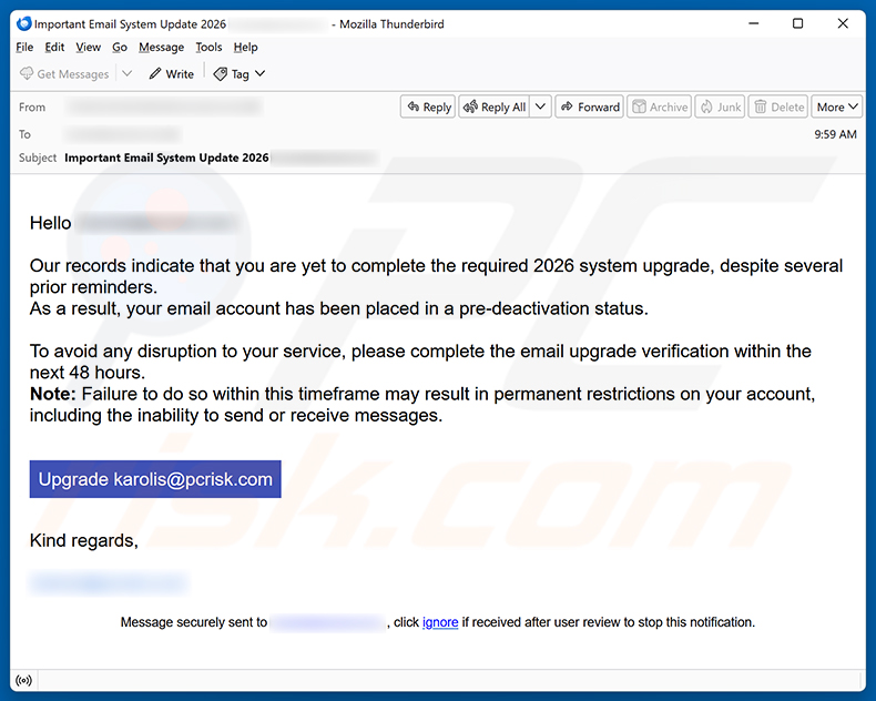 Campanha de spam por e-mail Required System Upgrade