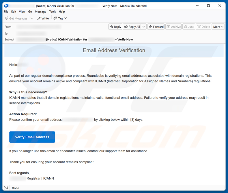 Campanha de spam por e-mail Roundcube Domain Registration Email Verification golpe