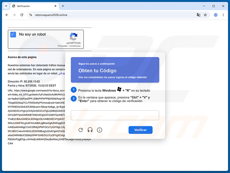 Página de distribuição ClickFix com CAPTCHA falso do trojan SCMBANKER