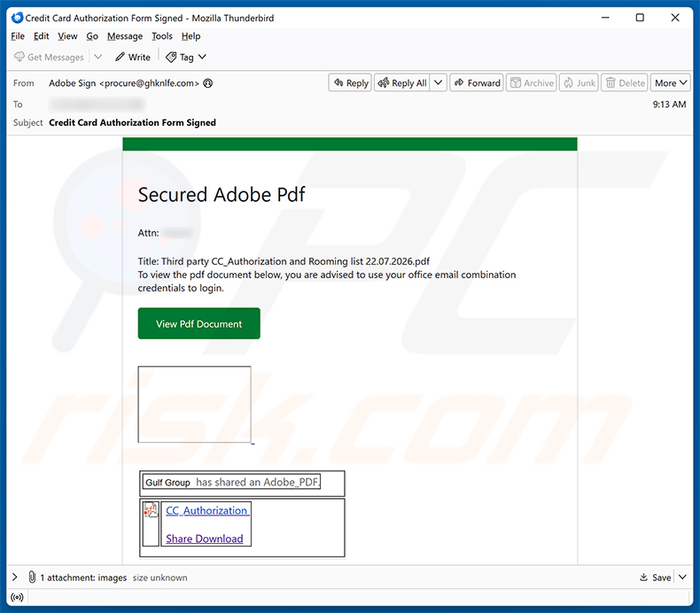 Campanha de spam por e-mail Secure Adobe PDF - Credit Card Authorization
