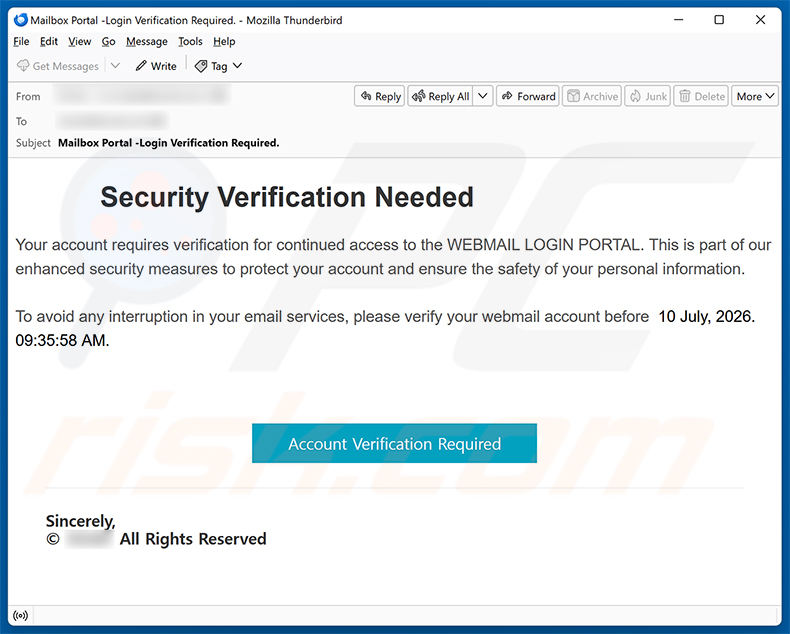 Campanha de spam por e-mail Security Verification Needed