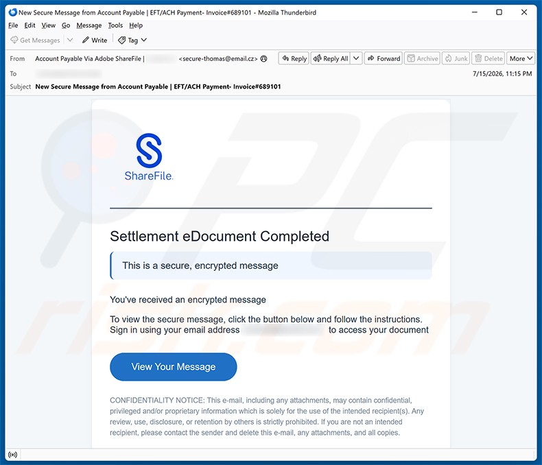 Campanha de spam por e-mail Settlement eDocument Completed