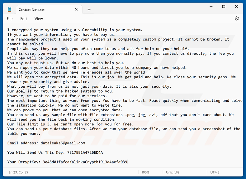 Nota de resgate do ransomware KalinkaCrypt (Contact-Note.txt)