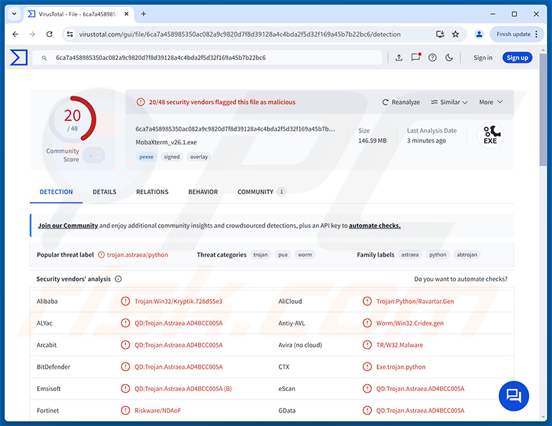 Deteções do malware Starland RAT no VirusTotal