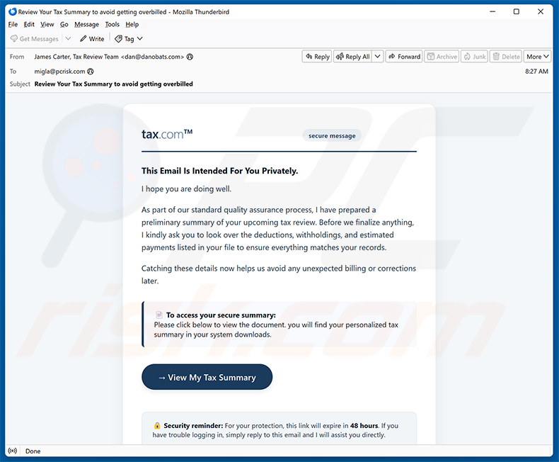 Campanha de spam por e-mail Tax Summary Email Virus