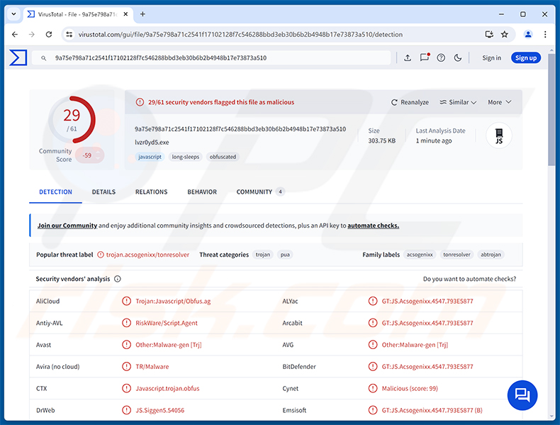 Deteções do malware TONResolver RAT no VirusTotal