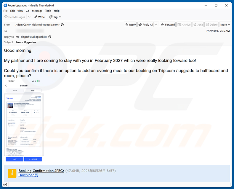 Campanha de spam por e-mail Trip.com Booking Confirmation