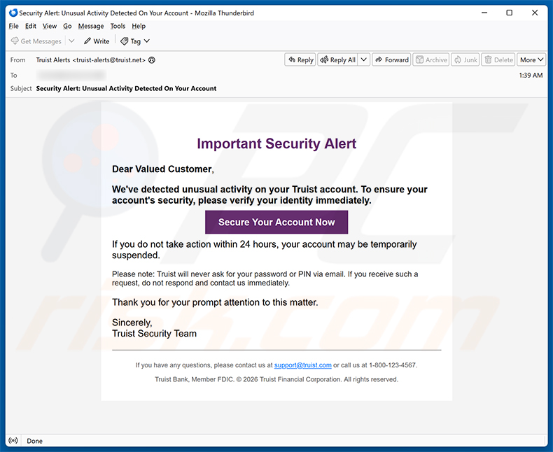 Campanha de spam por e-mail do golpe Truist Security Alert