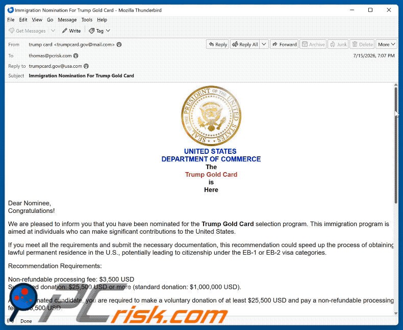 Golpe de e-mail Trump Gold Card Selection Program Nomination (GIF)
