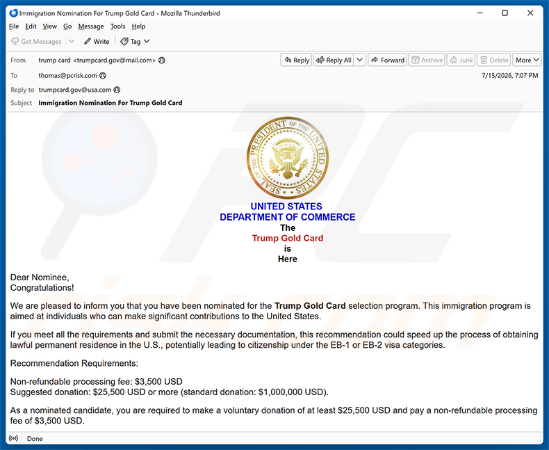 Campanha de spam por e-mail Trump Gold Card Selection Program Nomination