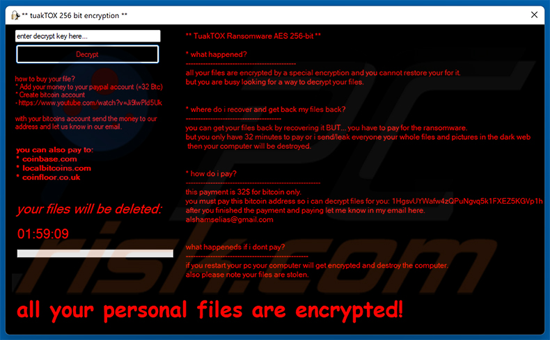 Janela pop-up do ransomware TuakTOX