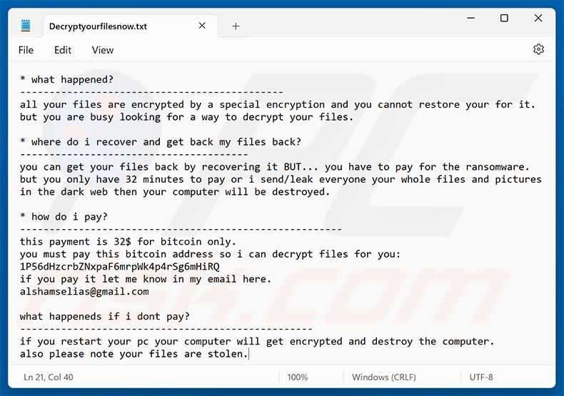Nota de resgate do ransomware TuakTOX (Decryptyourfilesnow.txt)