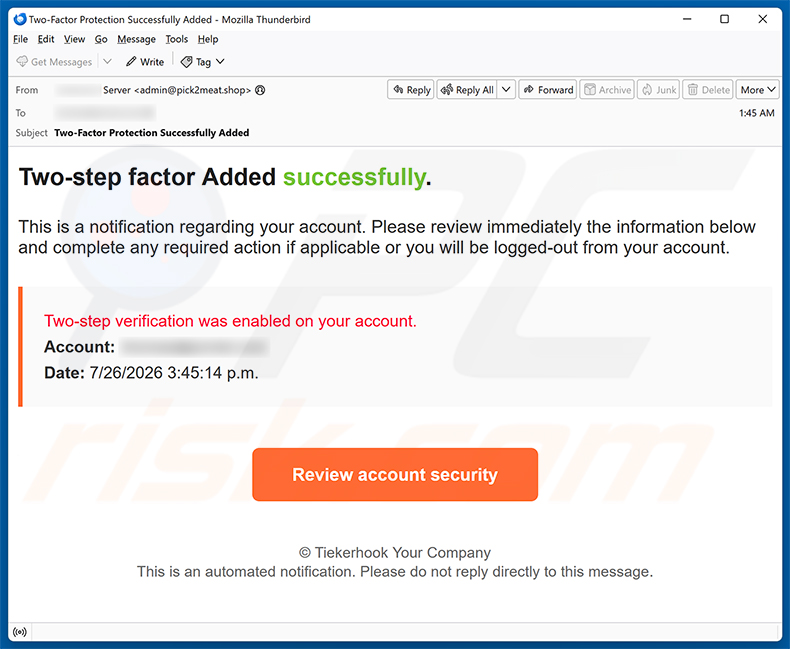 Campanha de spam por e-mail Two-step Verification Was Enabled golpe de e-mail