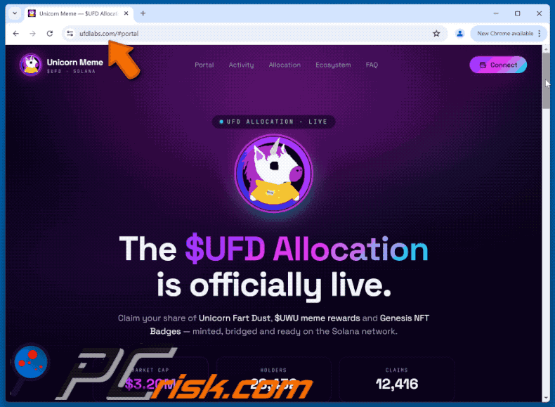 Aparência do golpe Unicorn Fart Dust ($UFD) Allocation (GIF) (ufdlabs[.]com)