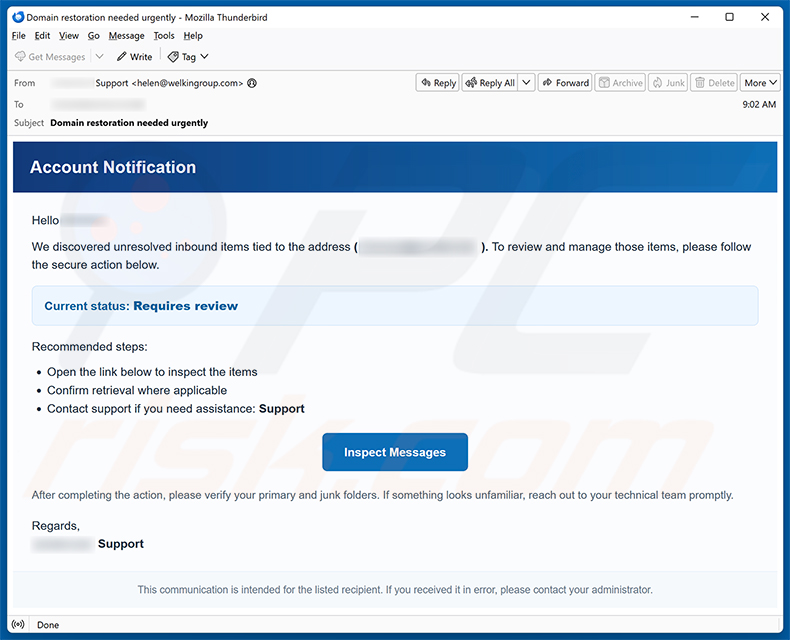 Campanha de spam por e-mail Unresolved Inbound Items golpe de e-mail