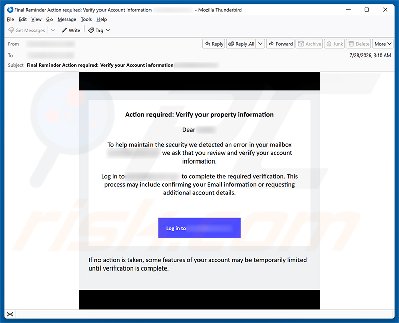 Campanha de spam por e-mail Verify Your Email Property Information golpe