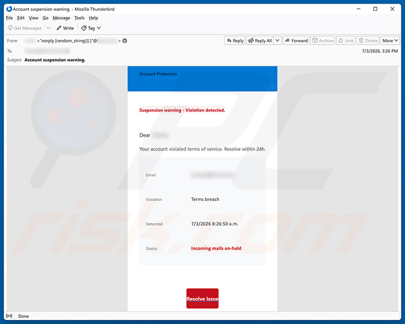 Campanha de spam por e-mail Your Account Violated Terms Of Service
