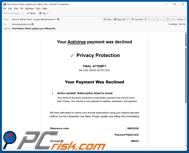 Your Antivirus Payment Was Declined golpe de e-mail (GIF)