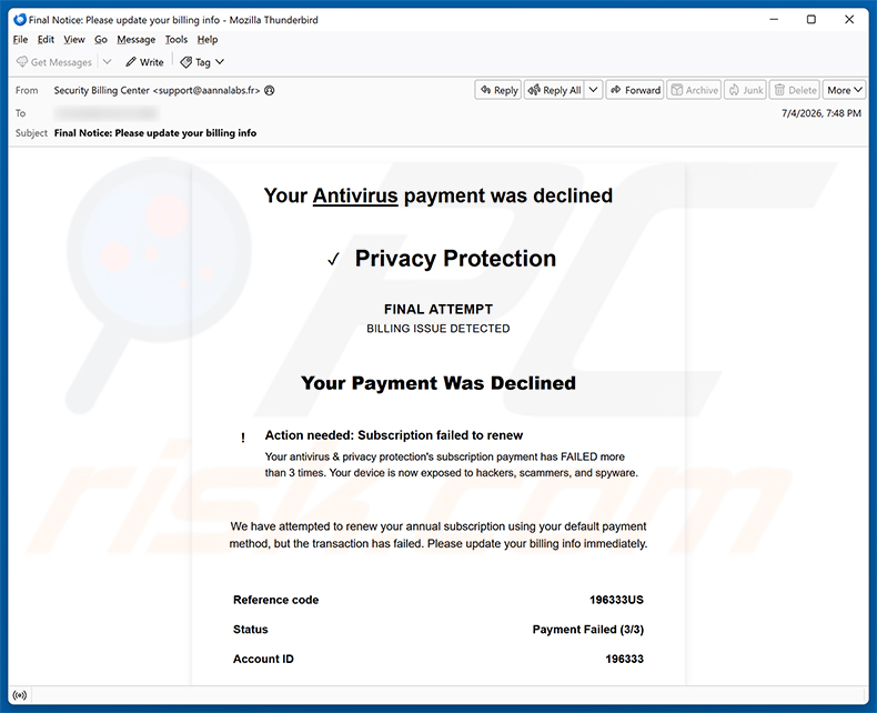 Campanha de spam por e-mail Your Antivirus Payment Was Declined