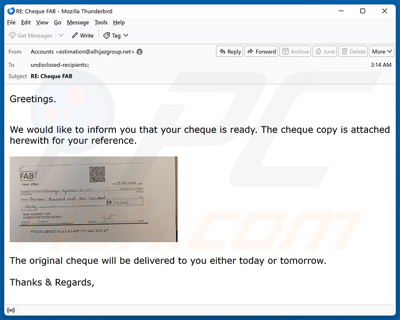 Campanha de spam por e-mail Your Cheque Is Ready