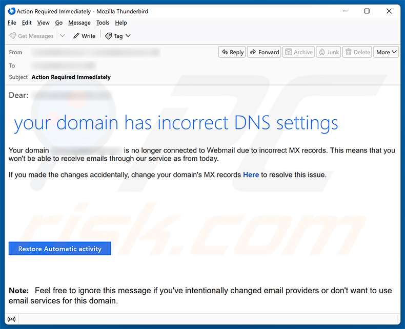 Campanha de spam por e-mail Your Domain Has Incorrect DNS Settings