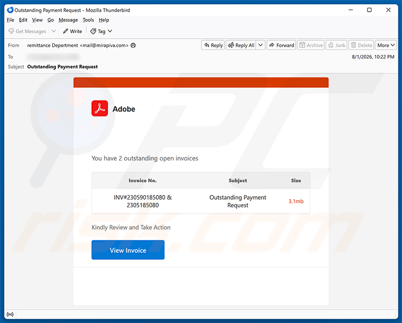 Campanha de spam por e-mail Adobe - Outstanding Invoices Email Virus