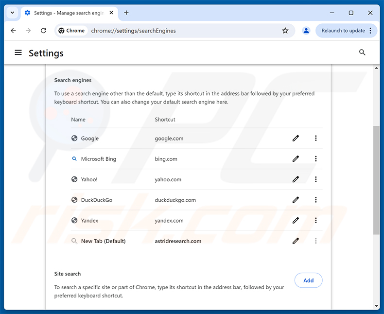 A remover astridresearch.com do motor de busca predefinido do Google Chrome
