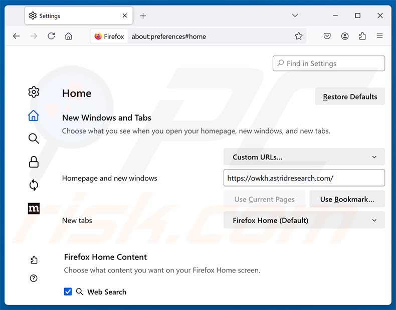 A remover astridresearch.com da página inicial do Mozilla Firefox