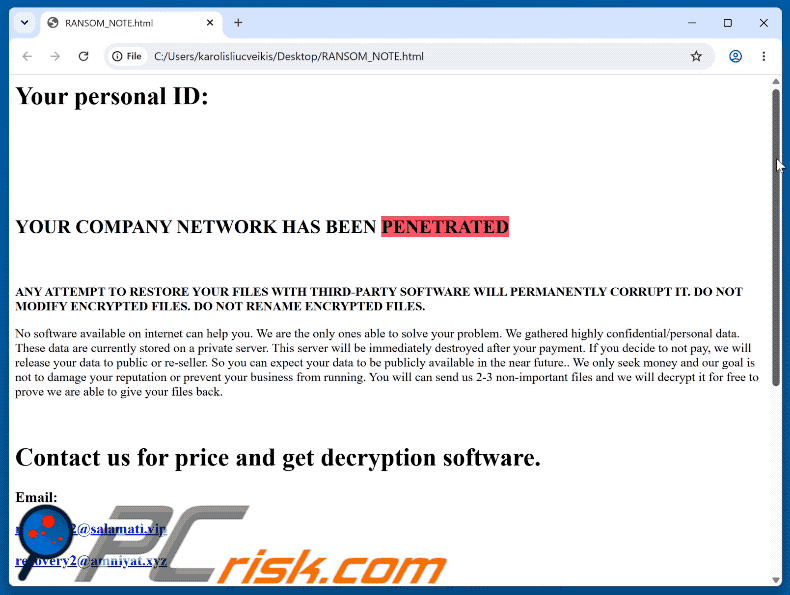 Nota de resgate do ransomware Betelgeuse (RANSOM_NOTE.html)